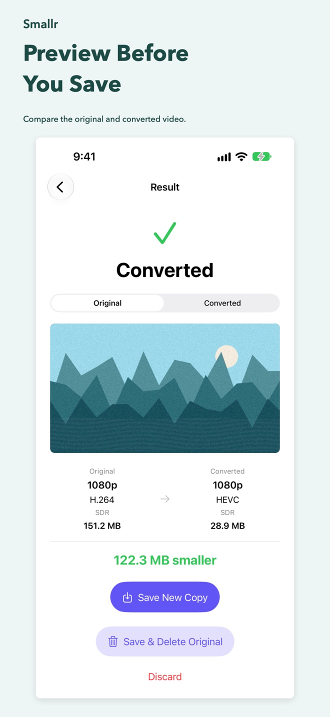 Smallr showing original and converted video previews before saving a new copy